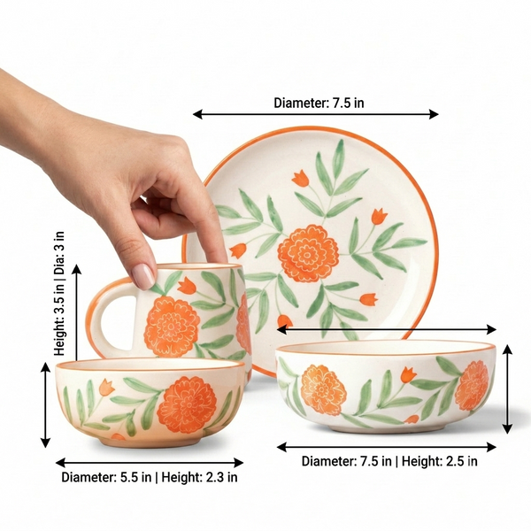 A ceramic dinnerware set with a hand holding a mug, overlaid with dimension arrows and text showing the size of the plate, bowl, and mug in diameter and height on a white background.