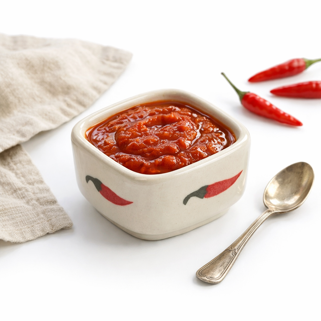 A small square off-white ceramic bowl filled with red chili paste or sauce, decorated with red chili pepper motifs. The bowl is styled on a white background with a beige linen napkin, a silver spoon, and three red chili peppers.