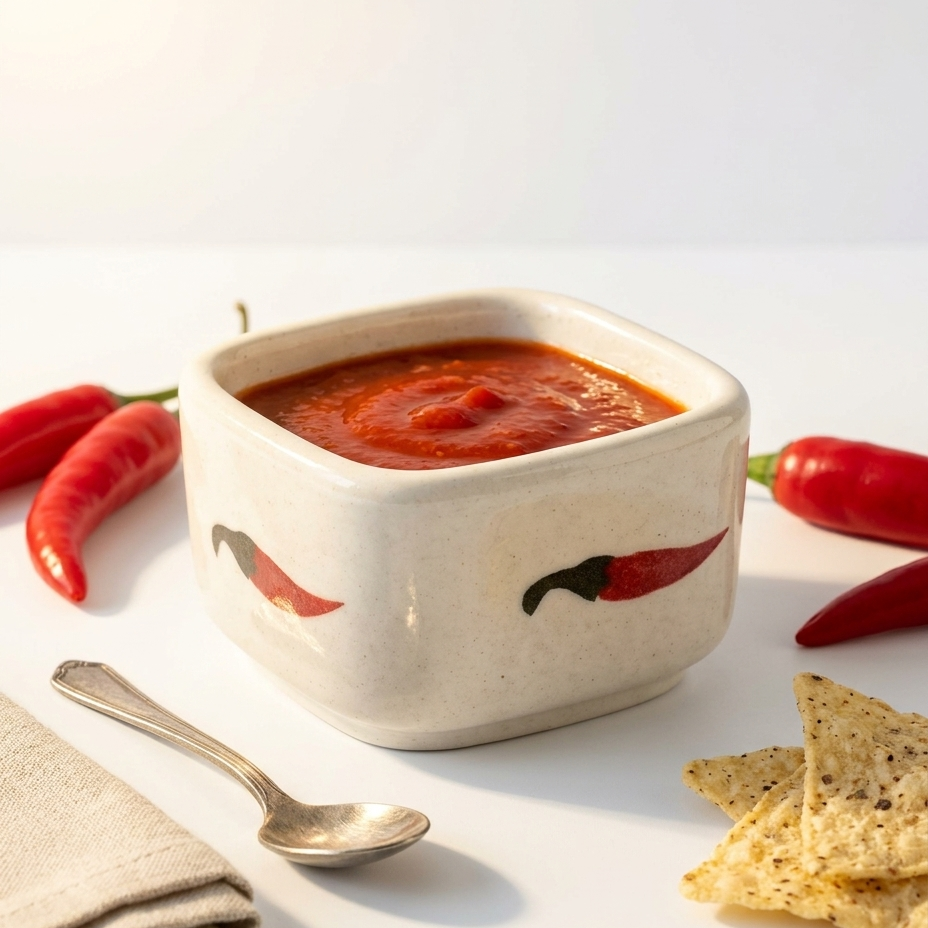 A square off-white ceramic bowl filled with red salsa, styled on a white surface with red chili peppers, tortilla chips, and a silver spoon.