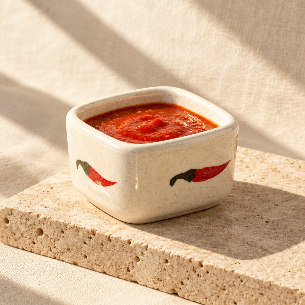 A square off-white ceramic bowl filled with red salsa, styled on a white surface with red chili peppers, tortilla chips, and a silver spoon.