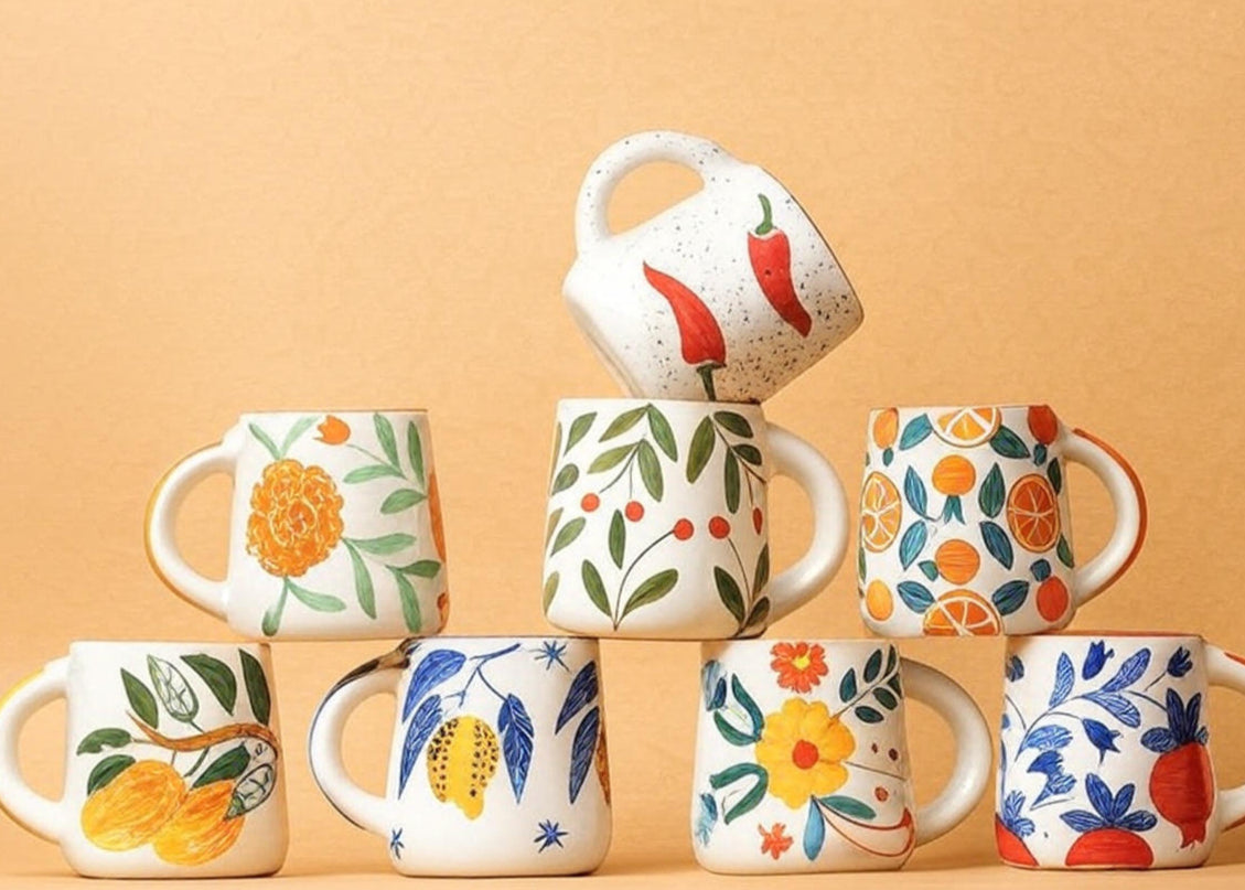 Set of colorful mugs with floral and fruit patterns on a beige background