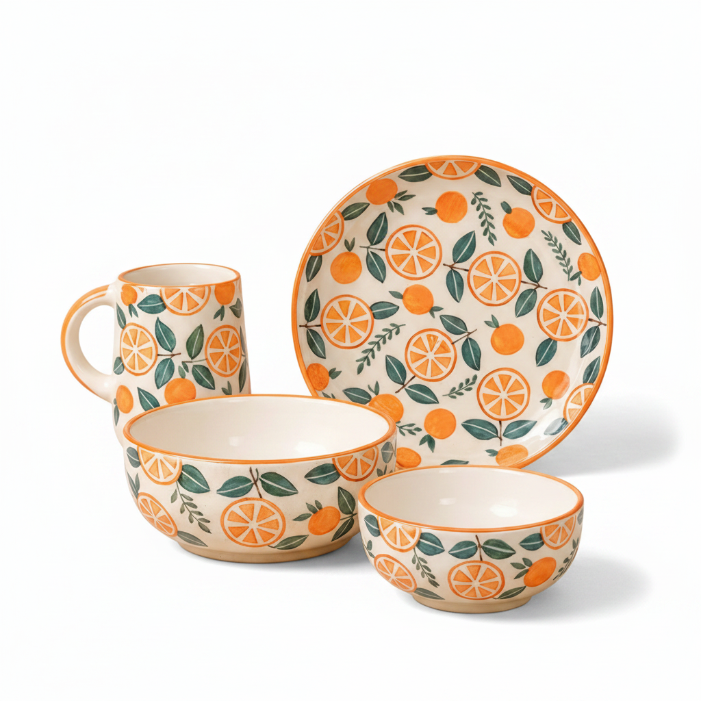 Ceramic tableware set with orange and leaf pattern on a beige background