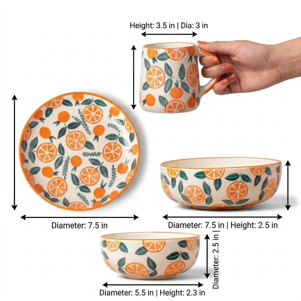 Narangi Orange Breakfast Set of 4 featuring a complete ceramic tableware kit with vibrant citrus orange patterns.