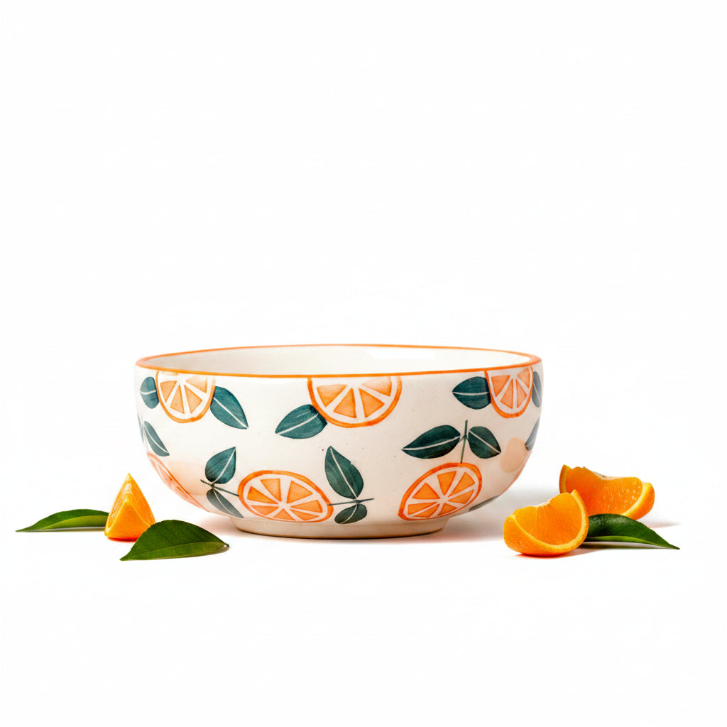 Ceramic bowl with orange and leaf pattern on a beige background