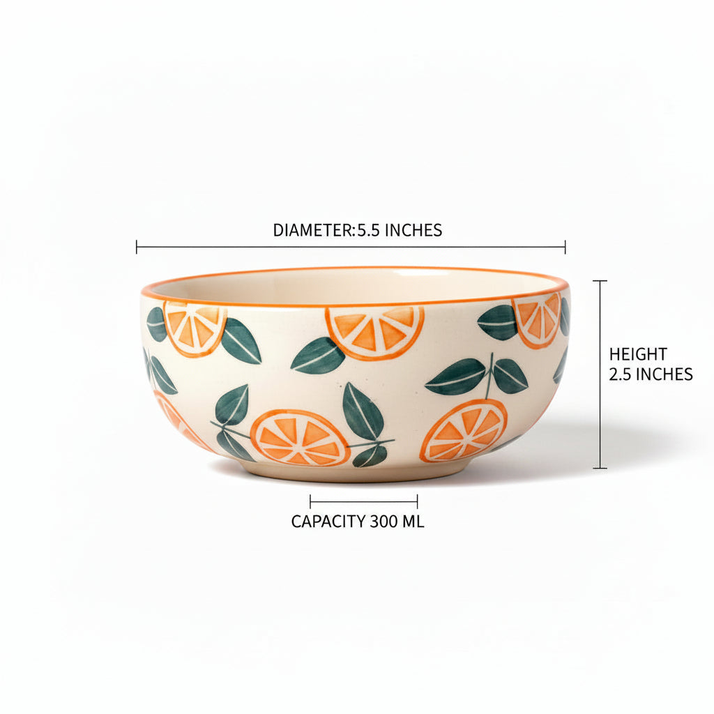 Two ceramic bowls with orange and leaf pattern on a peach background