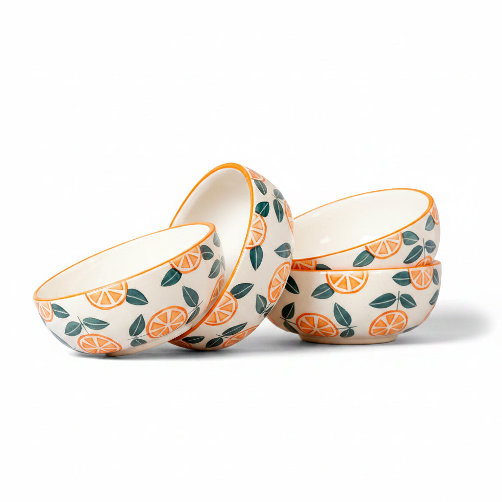 Three ceramic bowls with orange and leaf pattern on a beige background
