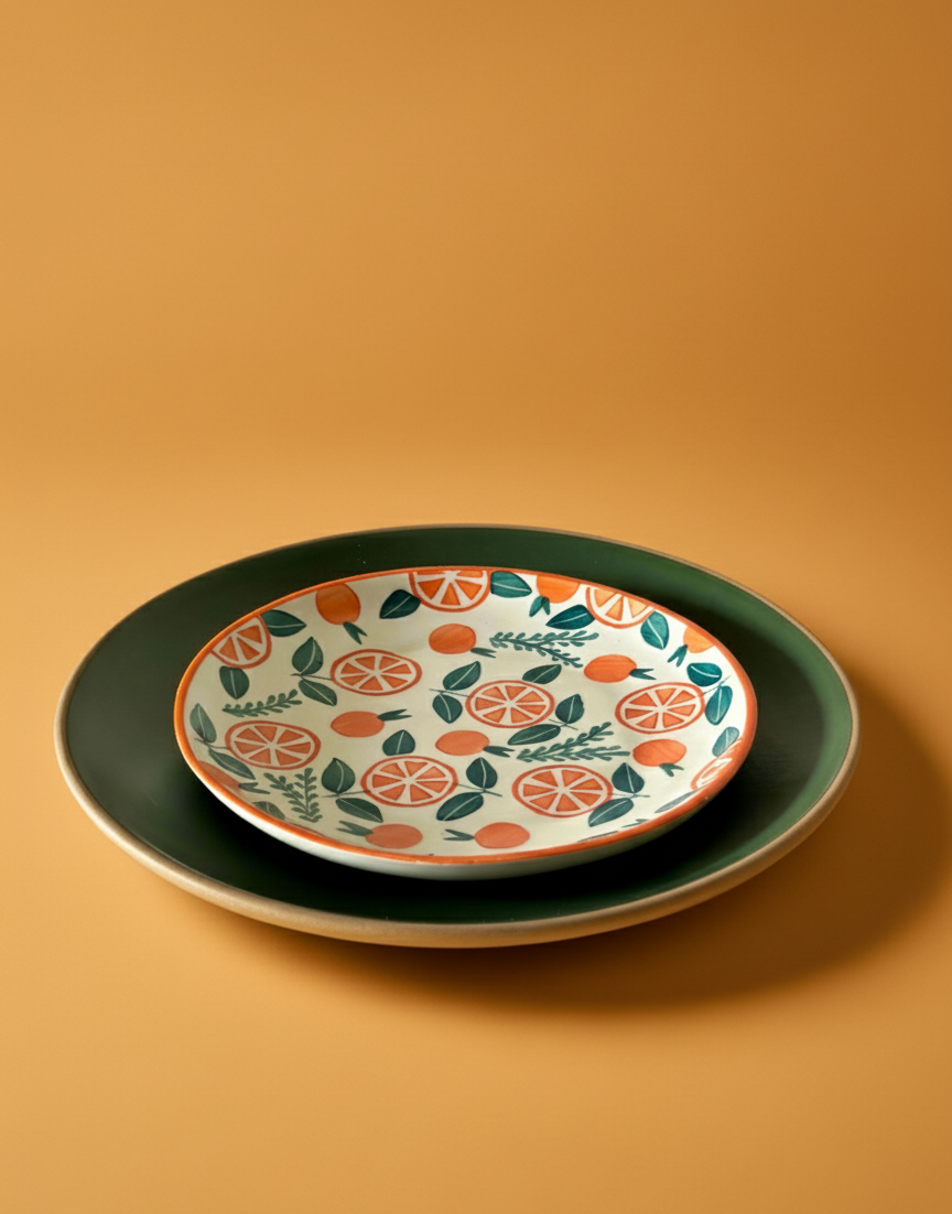 Decorative plate with orange and green pattern on a matching platter against an orange background
