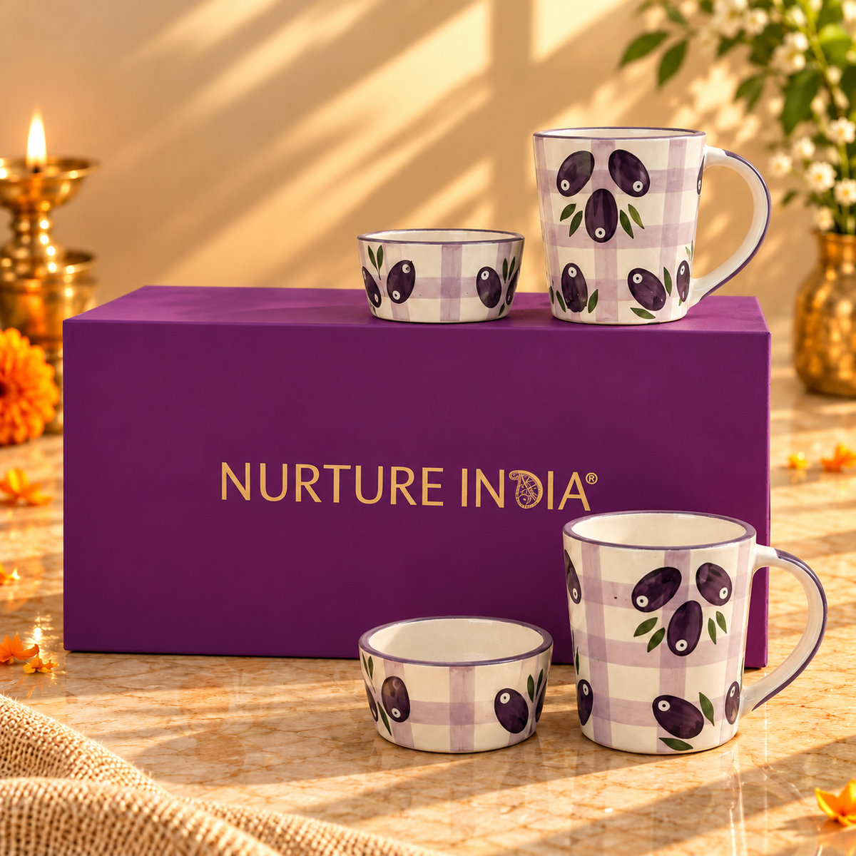 2 pcs Ramekin & 2 pcs Mugs Set - Gift Box (Purple)