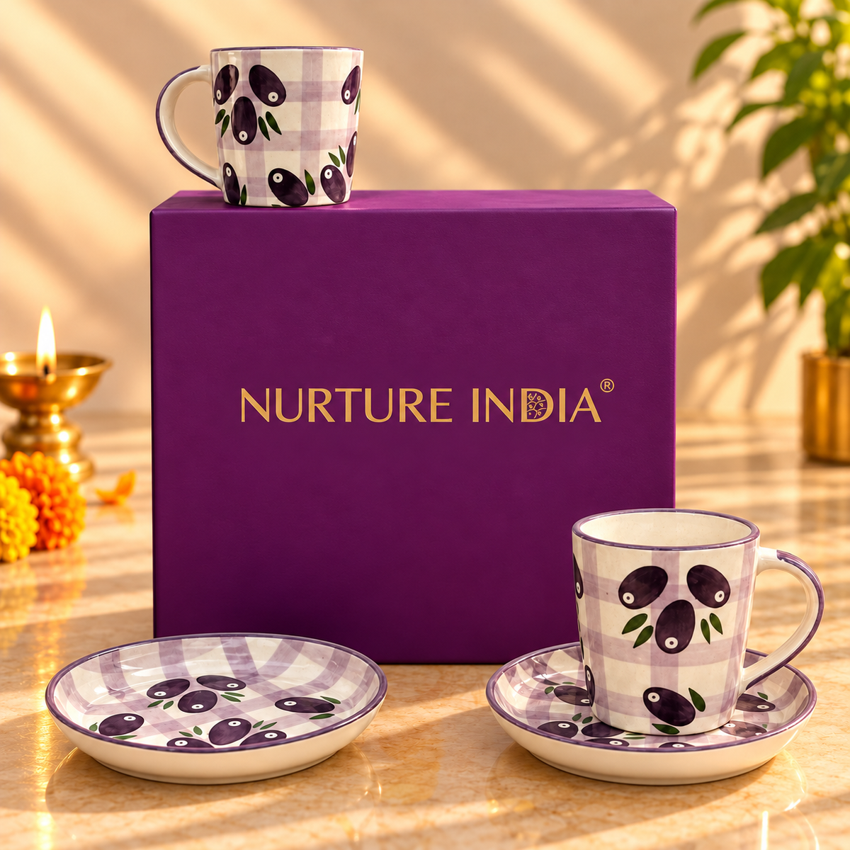 Set of 2 Mugs & 2 Tapas Plate - Gift Box (Purple)