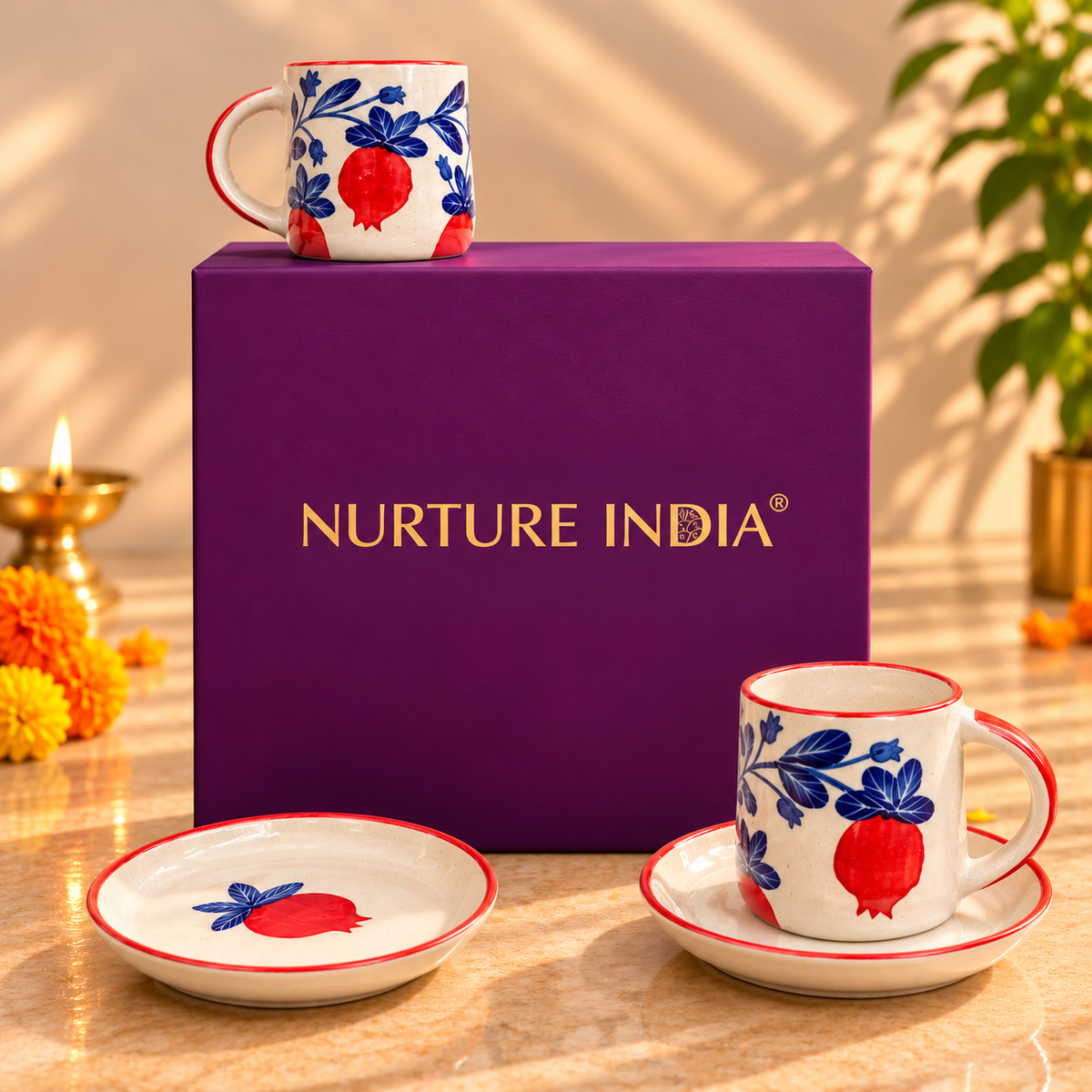 Set of 2 Mugs & 2 Tapas Plate - Gift Box (Purple)