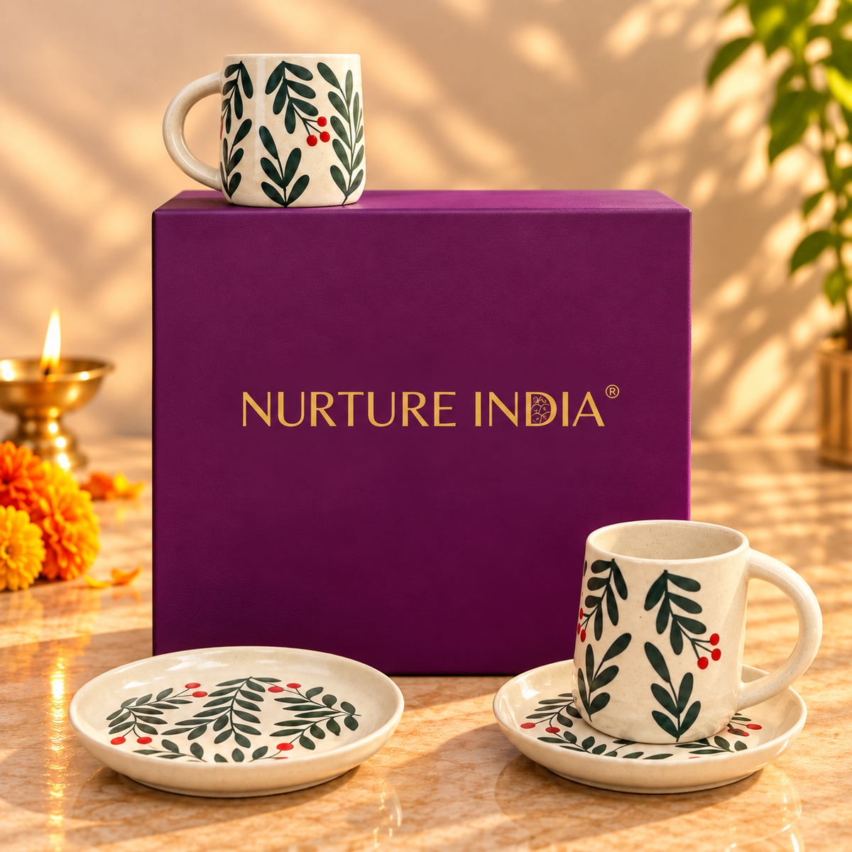 Set of 2 Mugs & 2 Tapas Plate - Gift Box (Purple)