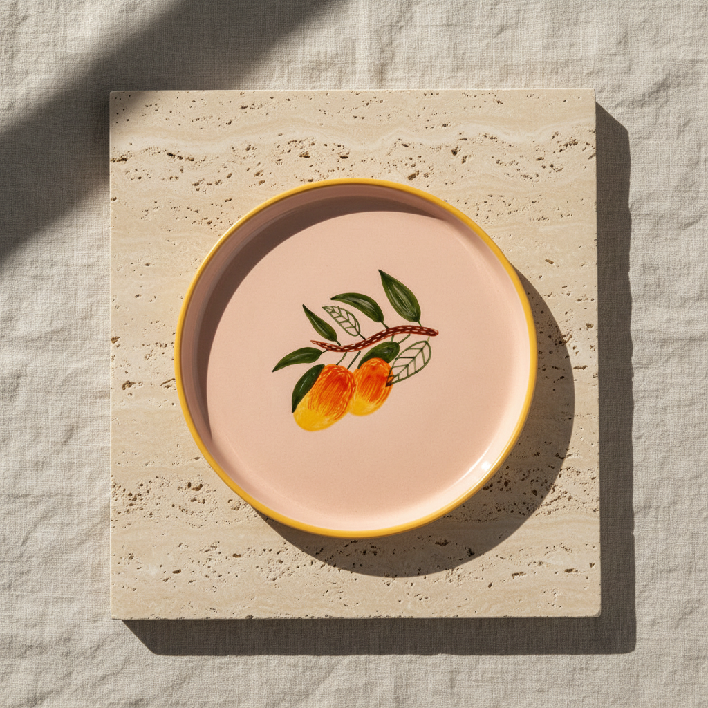 Round ceramic plate with a peach-colored background and orange fruit design on a white background
