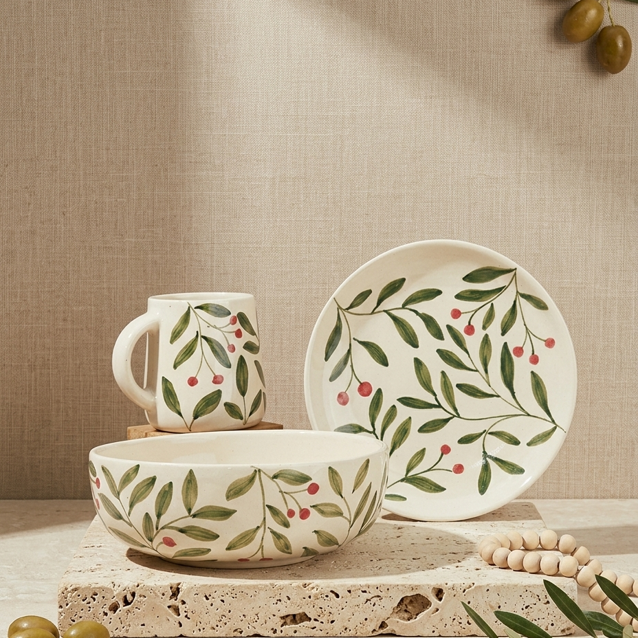 A coordinated ceramic tableware set with a bowl, mug, and plate, all decorated with a green leafy branch and small red berry motif on an off-white background. The set is styled on a stone slab with olive branches and wooden beads against a textured beige wall.
