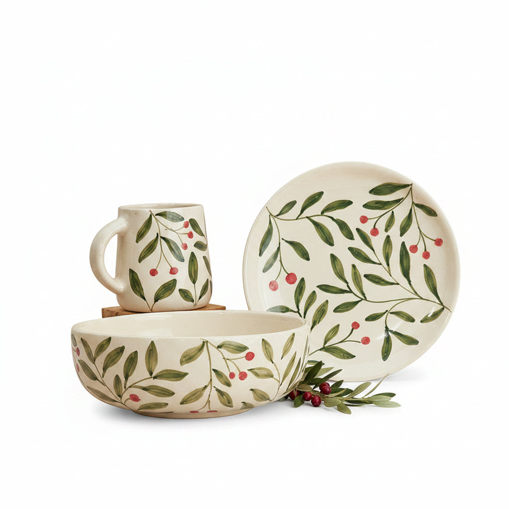 Ceramic dinnerware set with leaf and berry design on a white background