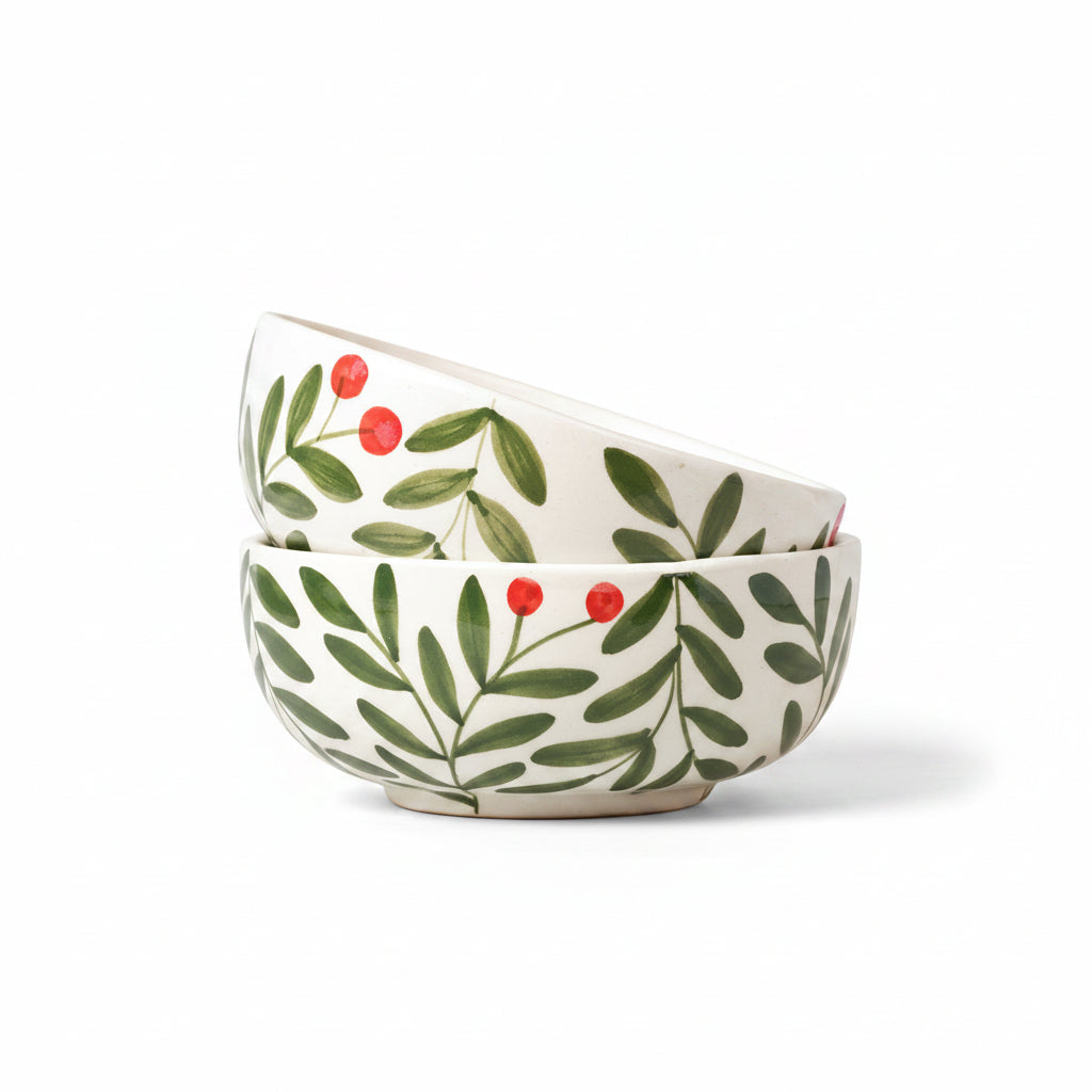 Two ceramic bowls with leaf and berry design on a beige background