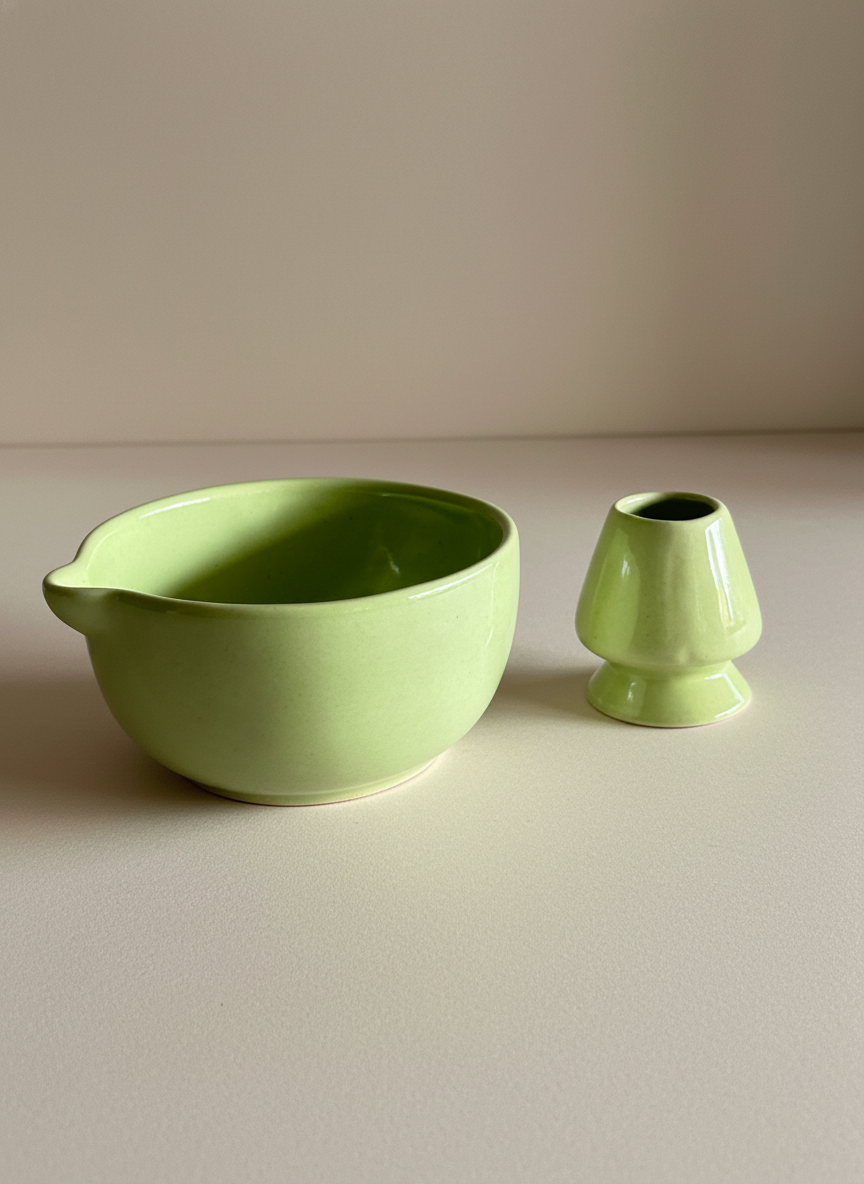 Two green ceramic items on a plain background