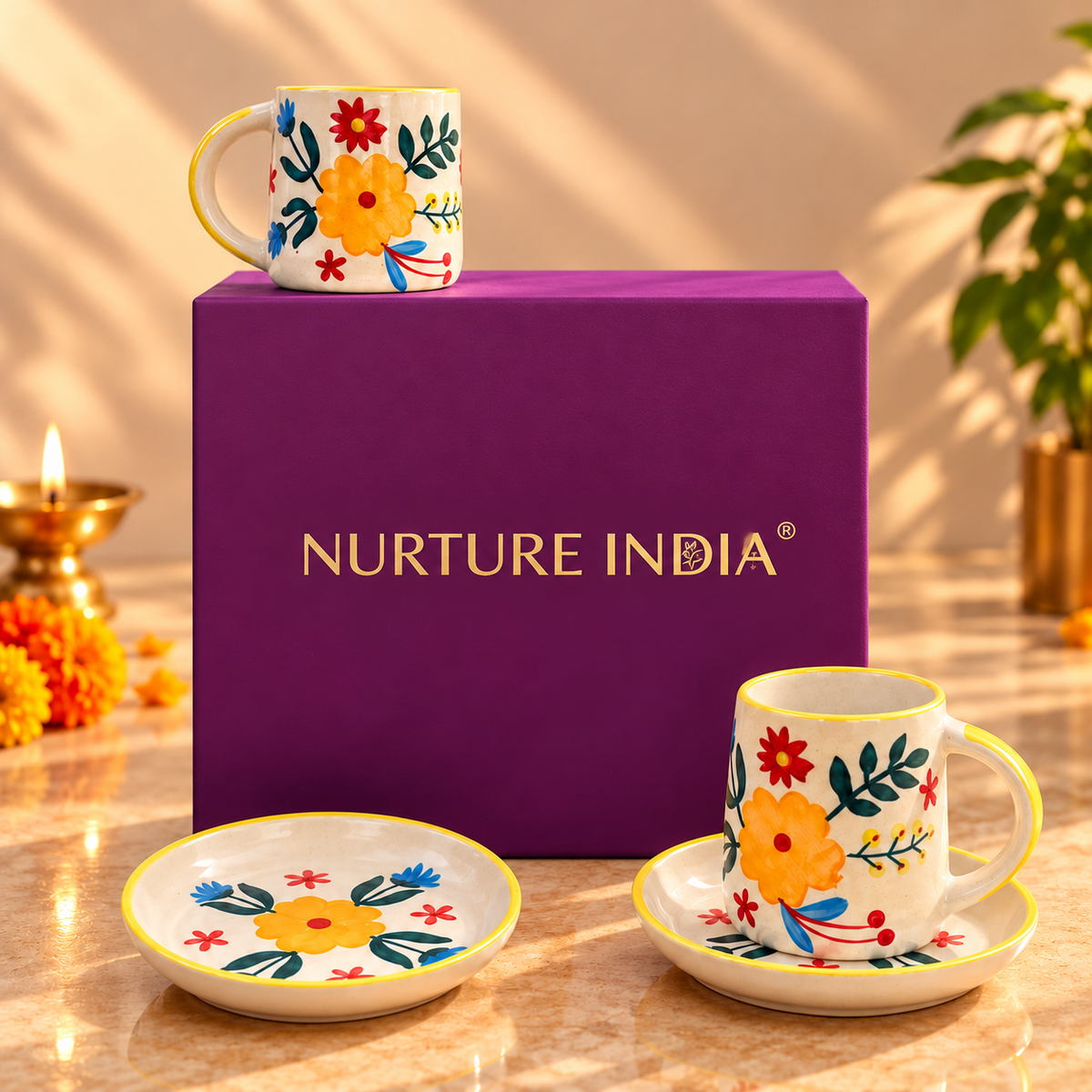 Set of 2 Mugs & 2 Tapas Plate - Gift Box (Purple)