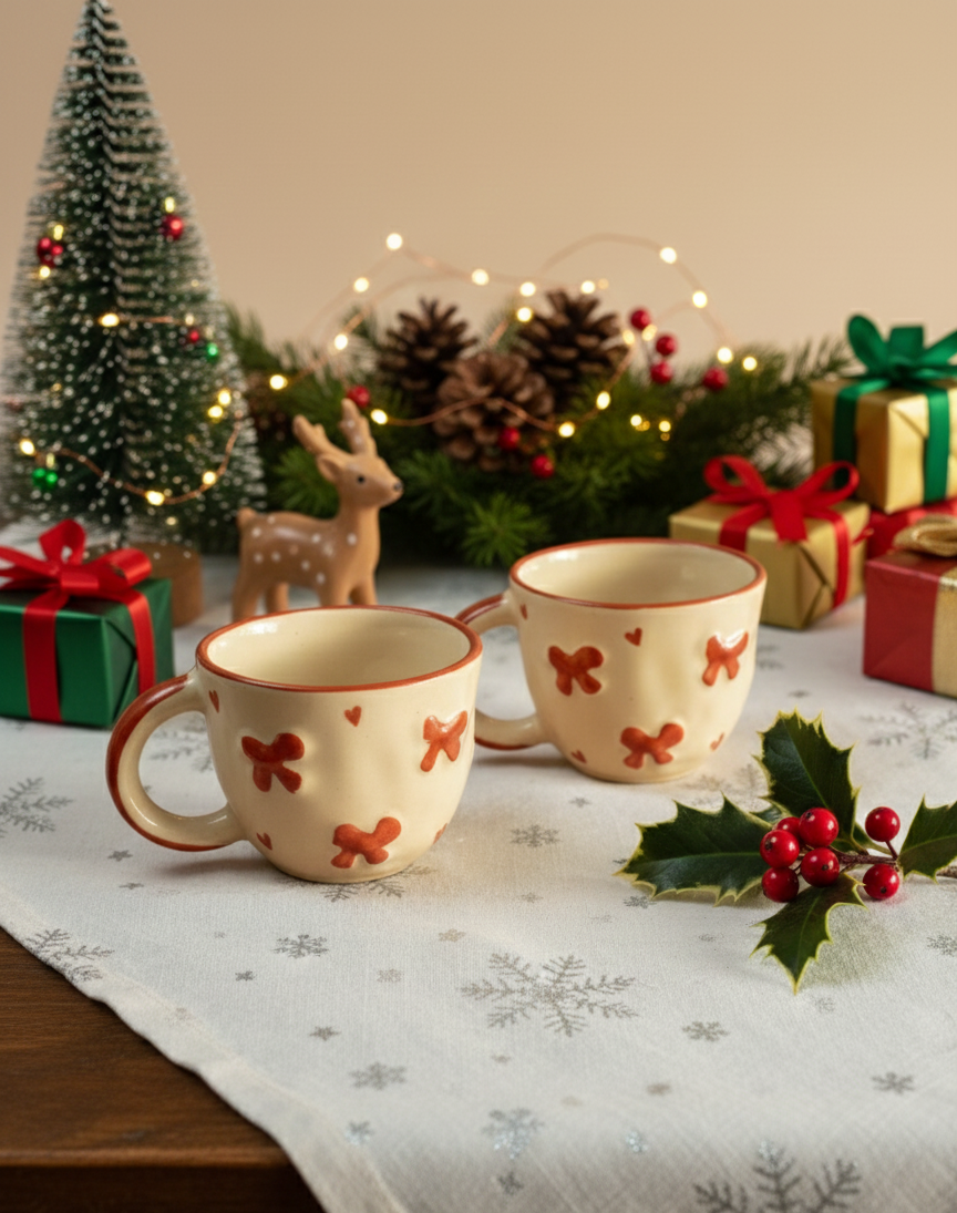Two ceramic mugs with decorative patterns on a table with Christmas decorations including a small tree, presents, and holly.