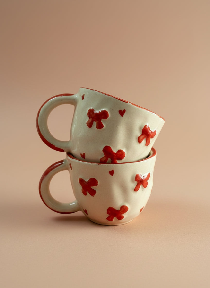Two ceramic mugs with red butterfly designs on a beige background