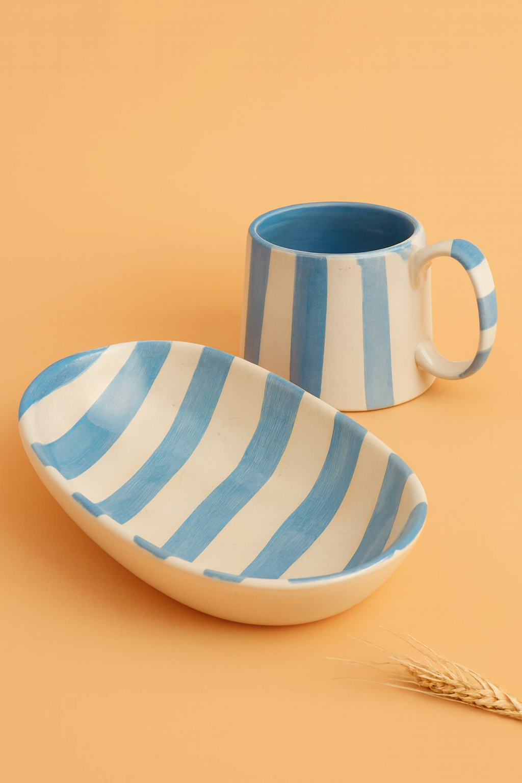 Sky Blue Stripe Ceramic (Combo Bowl and Cup )