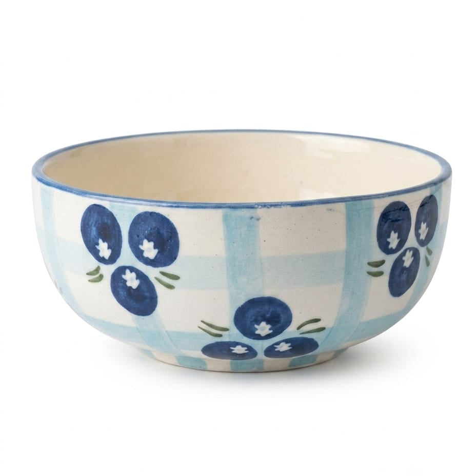 A ceramic bowl featuring a light blue and white gingham check pattern with blue floral motifs and green leaves, set against a plain white background.