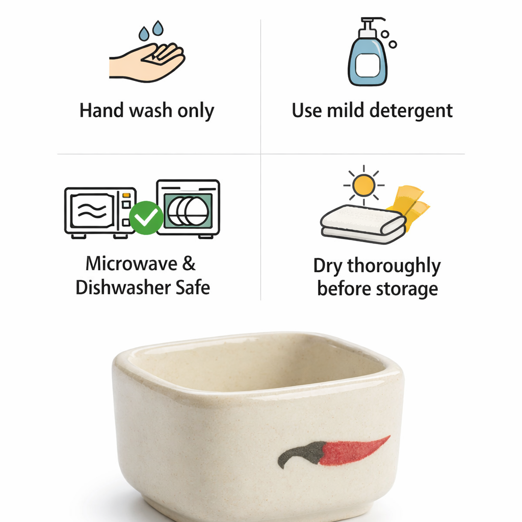 A square ceramic bowl with rounded corners, shown below a four-panel care infographic. The bowl is a warm cream color with a small red and black pepper illustration on the front.