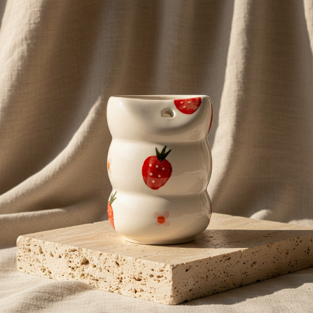 A ceramic candle holder with a wavy, tiered design, decorated with hand-painted red strawberries and small pink flowers on a glossy white background.
