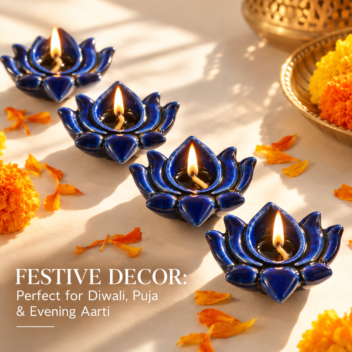 Lotus Dark Blue Ceramic Diya's Set of 4