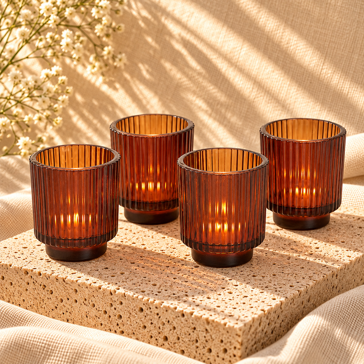 Toasted Walnut Fluted Glass Tealight Candle Holder