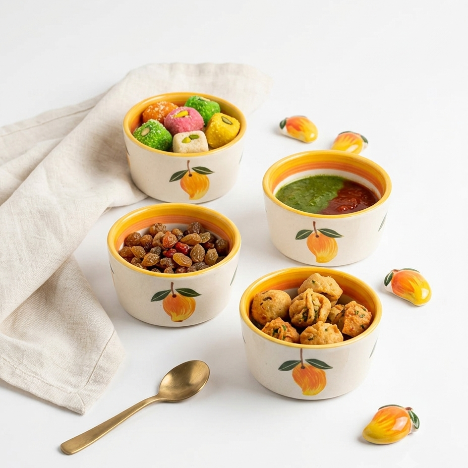Four small cream-colored ceramic bowls with yellow interiors and orange-yellow fruit illustrations, arranged on a white surface with a beige cloth, a gold spoon, and colorful food items inside the bowls.