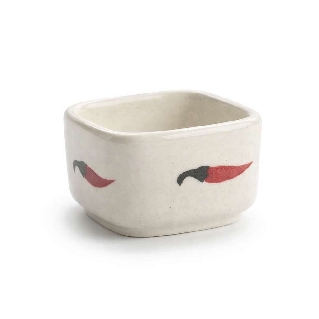 A small square ceramic bowl with rounded corners, featuring a hand-painted chili pepper motif in red and black on a warm off-white background.