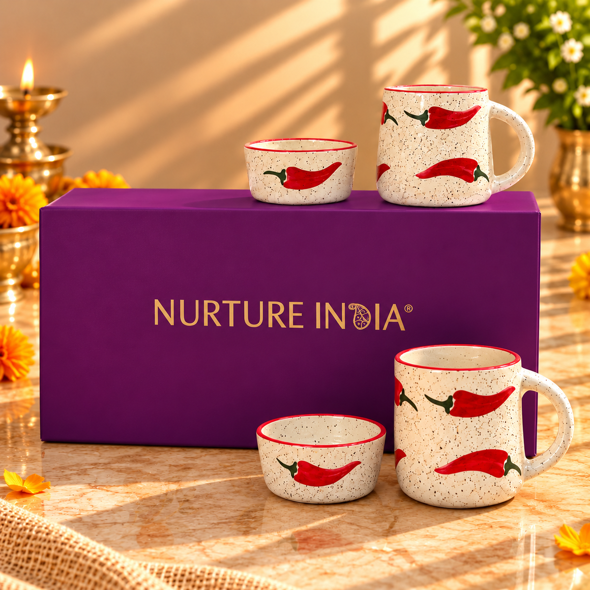2 pcs Ramekin & 2 pcs Mugs Set - Gift Box (Purple)