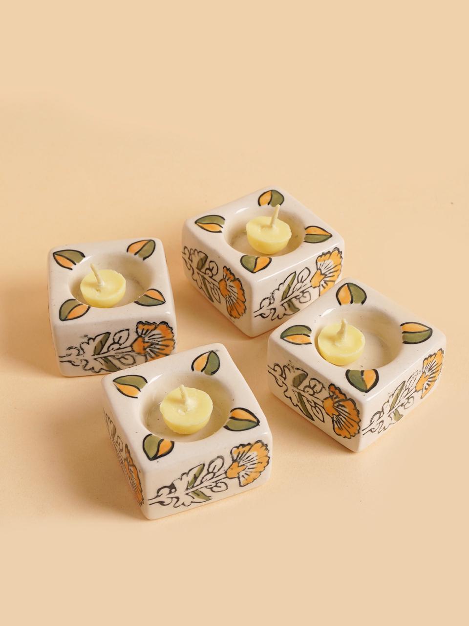 Square Ceramic Diya Set of 4 White (assorted)