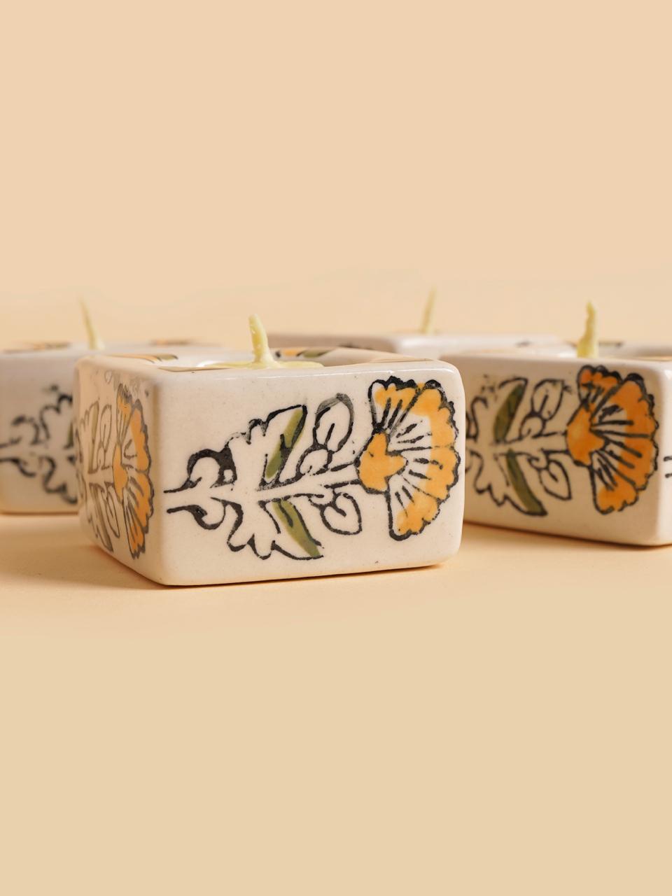 Square Ceramic Diya Set of 4 White (assorted)