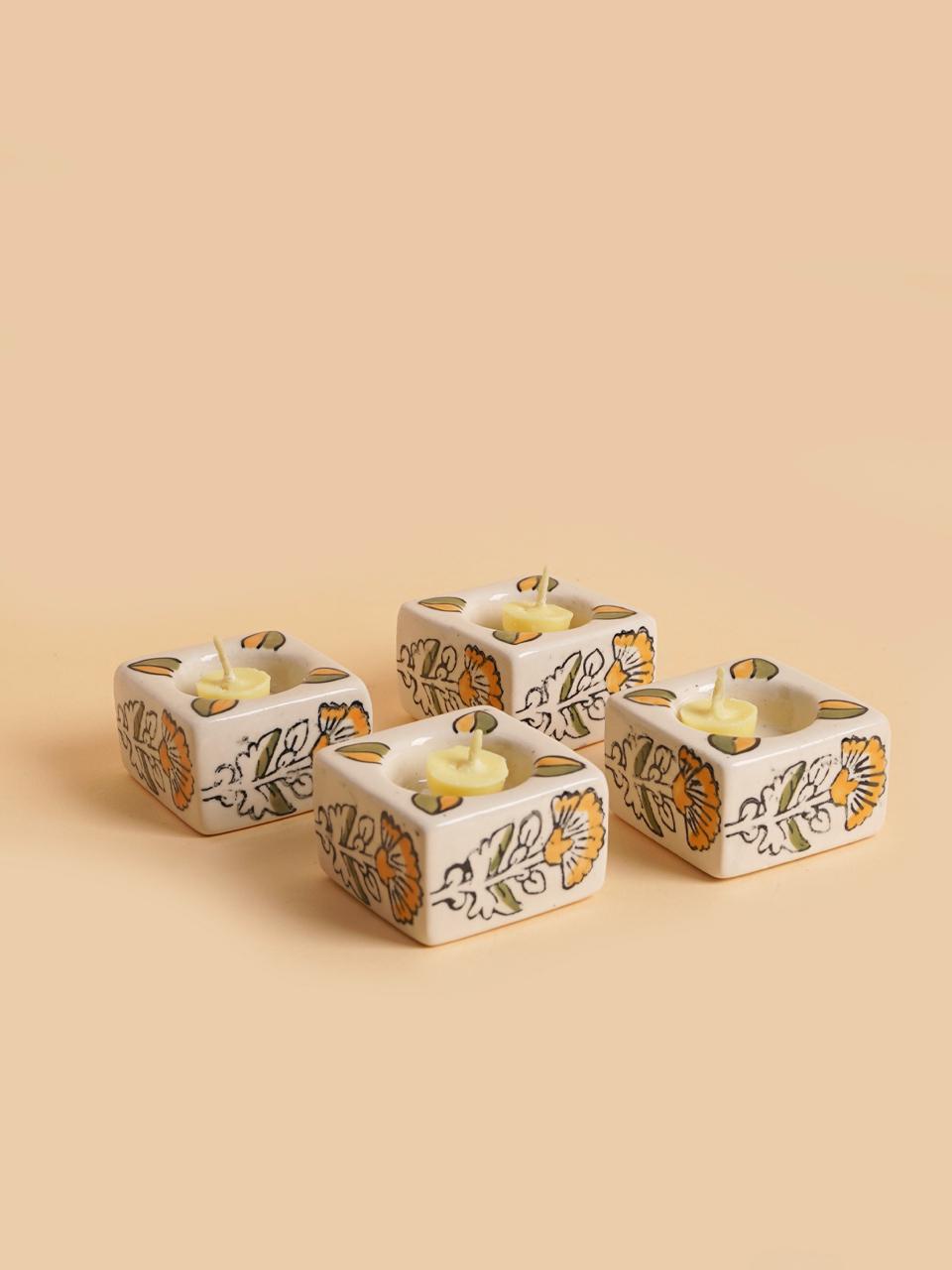 Square Ceramic Diya Set of 4 White (assorted)