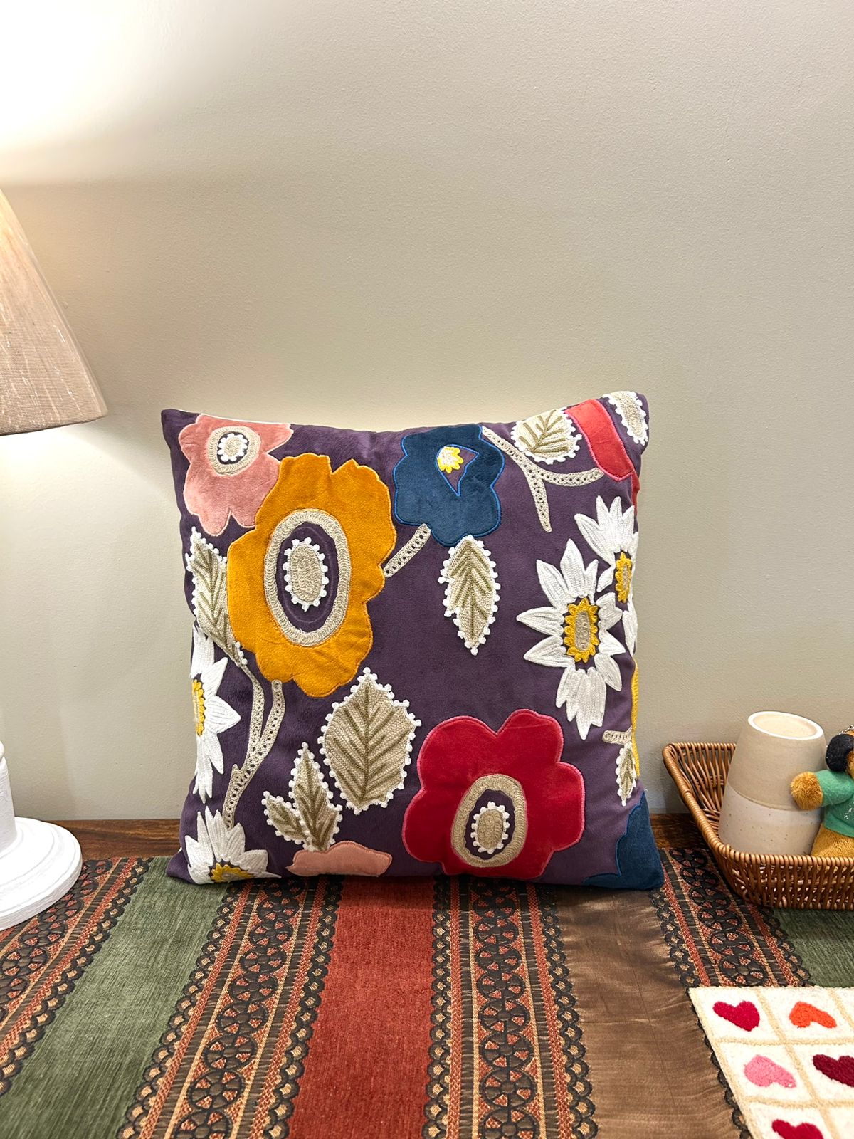 Violet Velvet Cushion Cover Applique Embroidery - 16x16 inches