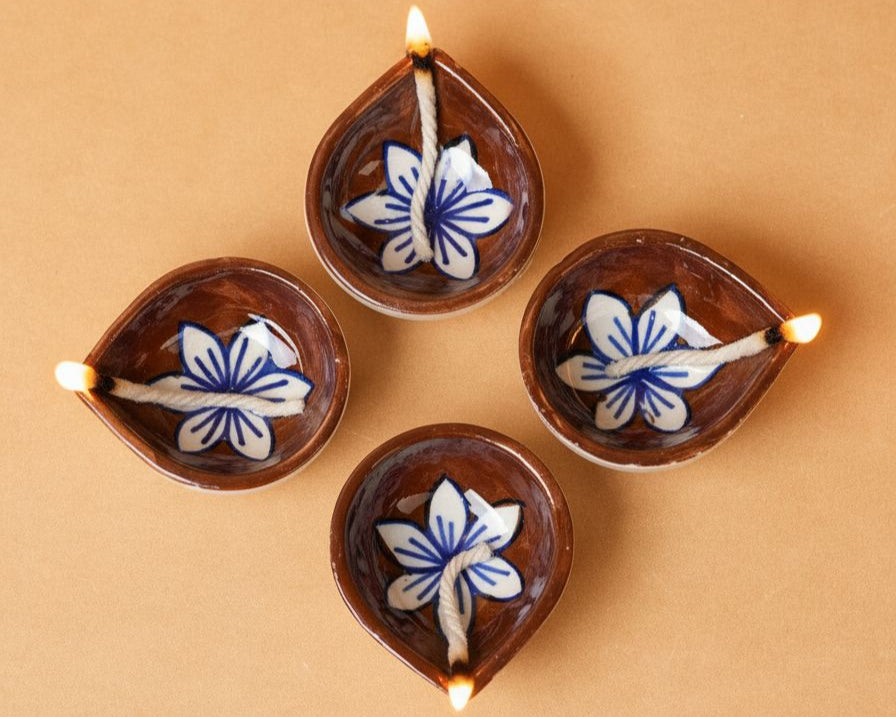 Terracotta Bloom Ceramic Diya's Set of 4
