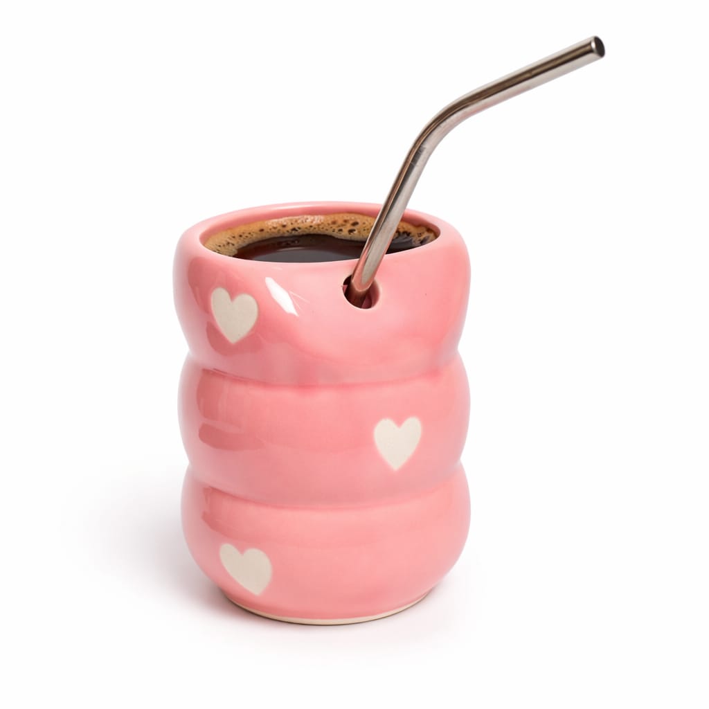 Pink Heart Ceramic Glass with Straw