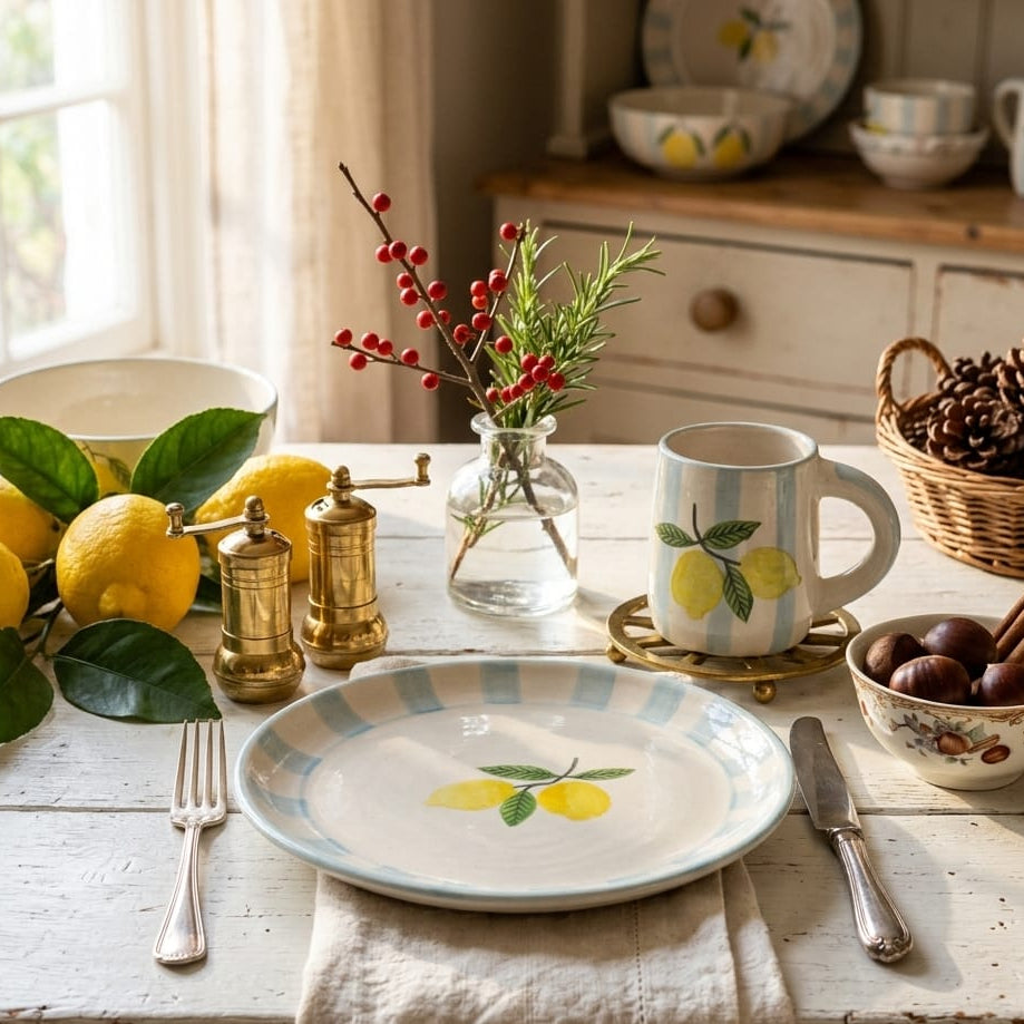 Lemon Stripe Elegance Ceramic Breakfast Set of 4