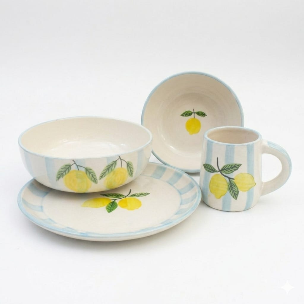 Lemon Stripe Elegance Ceramic Breakfast Set of 4
