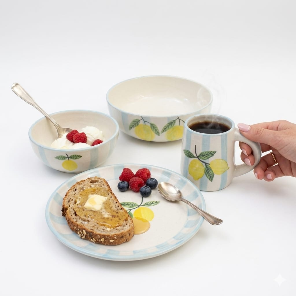 Lemon Stripe Elegance Ceramic Breakfast Set of 4