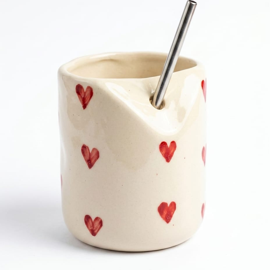 Red Heart Ceramic Glass with Straw