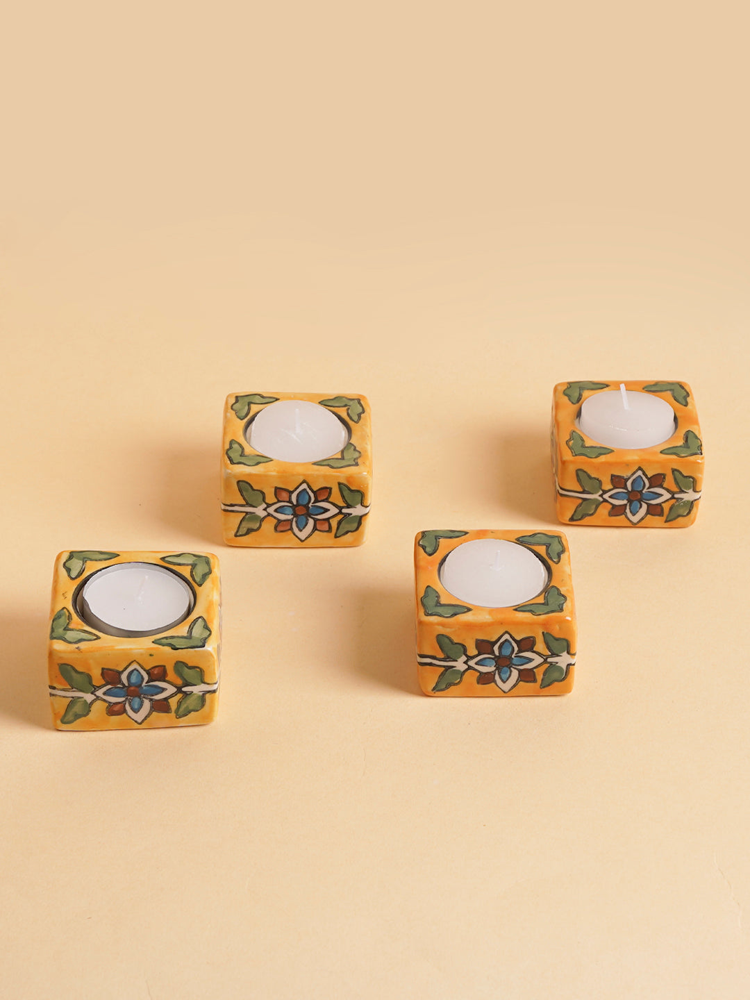 Square Ceramic Diya Set of 4 Yellow (assorted)