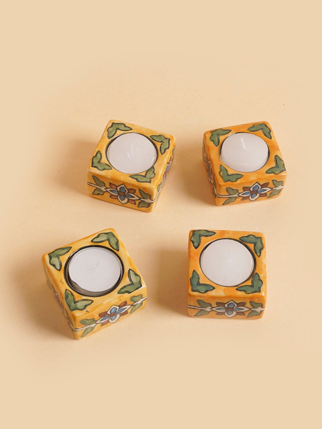 Square Ceramic Diya Set of 4 Yellow (assorted)