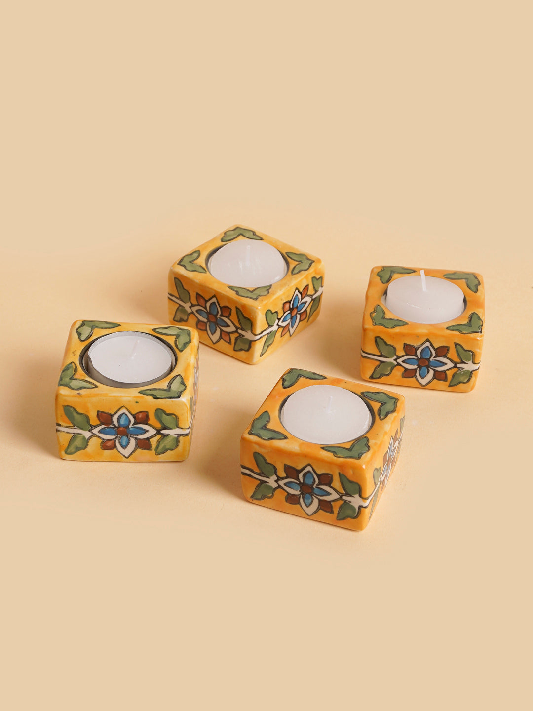 Square Ceramic Diya Set of 4 Yellow (assorted)