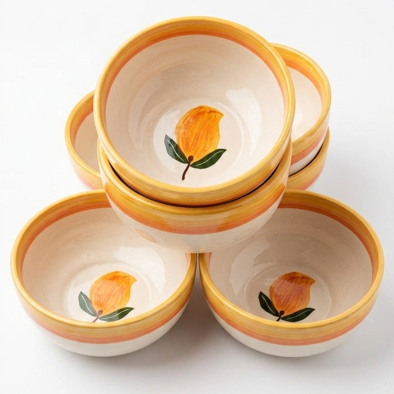 Set of ceramic bowls with orange and green leaf design on a white background