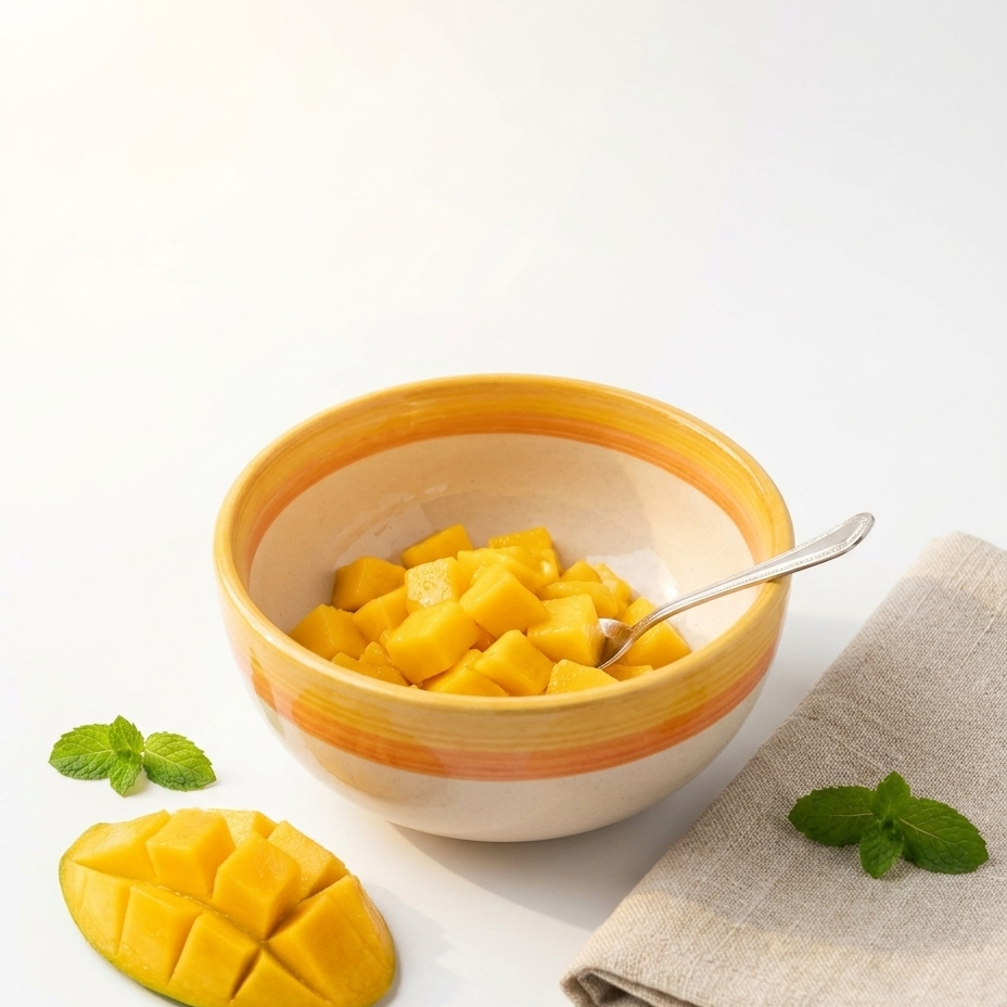 A ceramic bowl with orange and yellow stripes, filled with diced mango, styled on a white surface with a sliced mango, mint leaves, and a beige linen napkin.