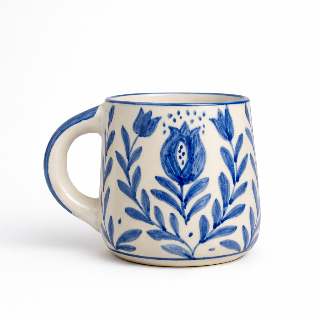 Anaar & Floral Folk Art Ceramic Mug (Blue)