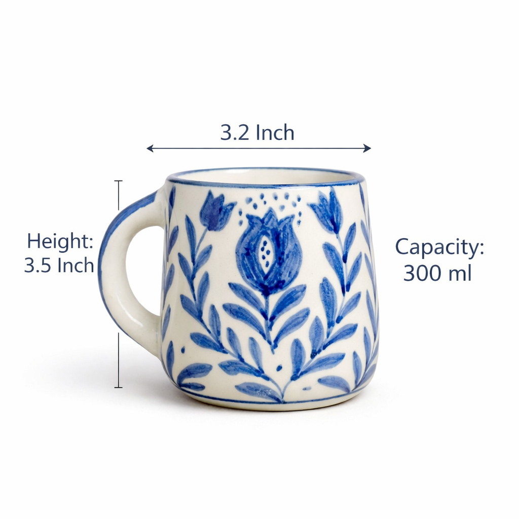 White mug with blue floral patterns, shown with measurements on a white background