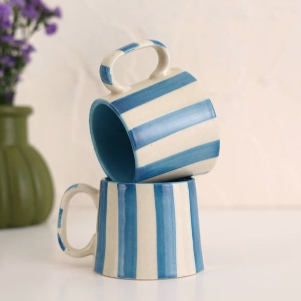 Baby Blue Stripe Ceramic Coffee Cup - Serene 220ml - Nurture India